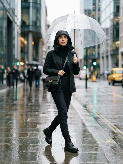 All black waterproof layered look