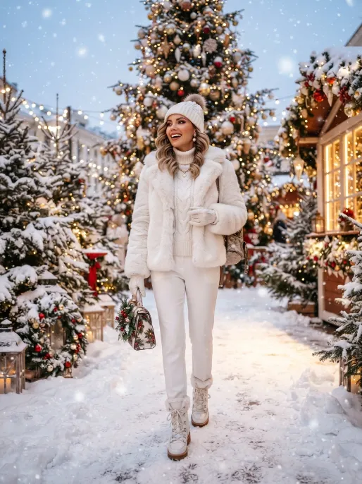 All white outfit with faux fur