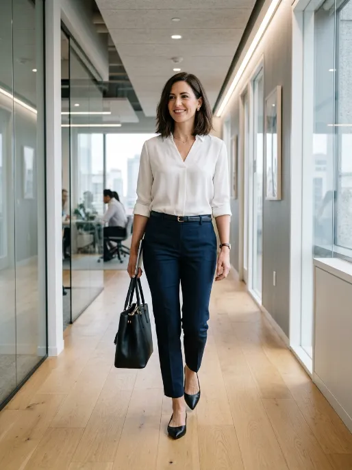 Ankle pants with tucked blouse