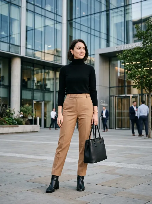 Beige trousers with a fitted turtleneck