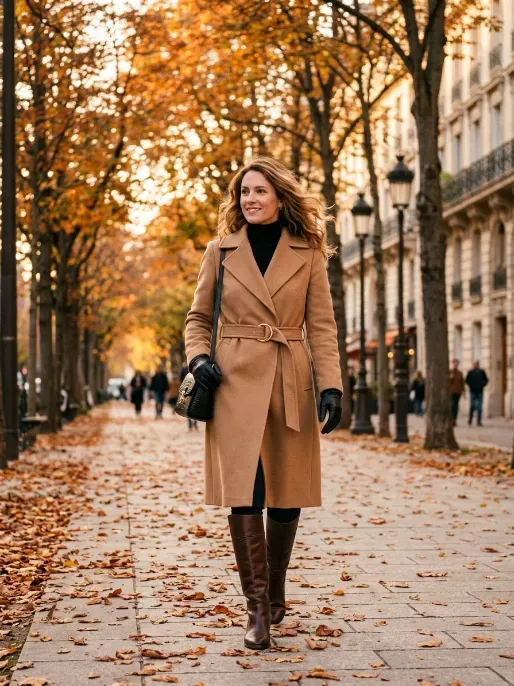 Belted wool coat with tall boots