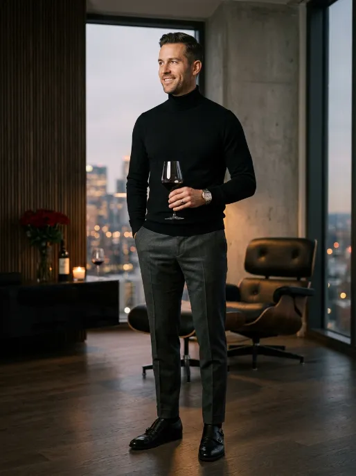 Black turtleneck and trousers