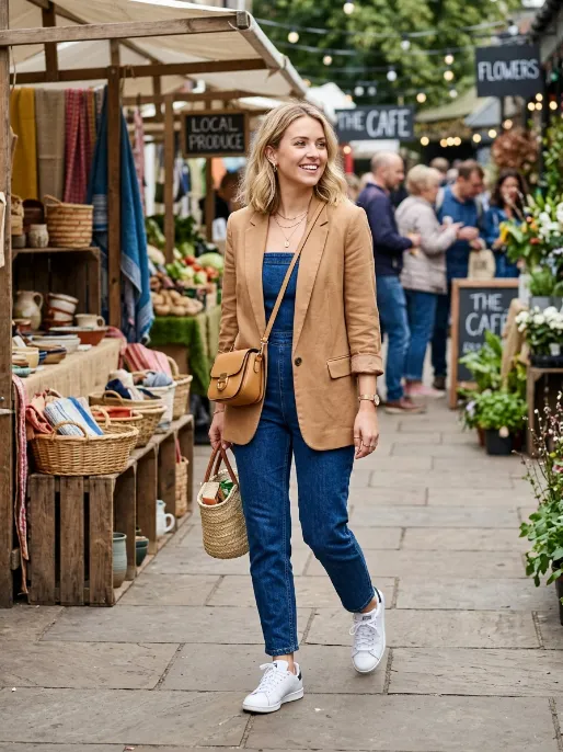 Blazer with a denim jumpsuit