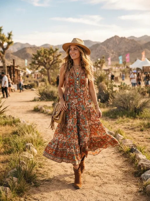 Boho maxi dress with ankle boots