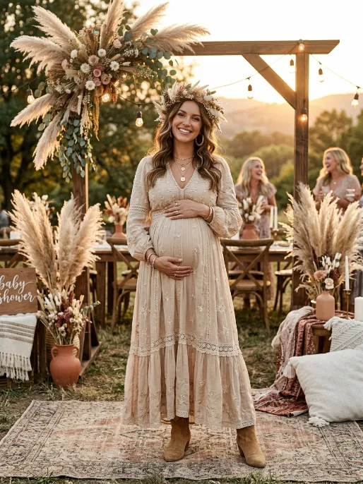 Boho style outfit for outdoor or garden showers