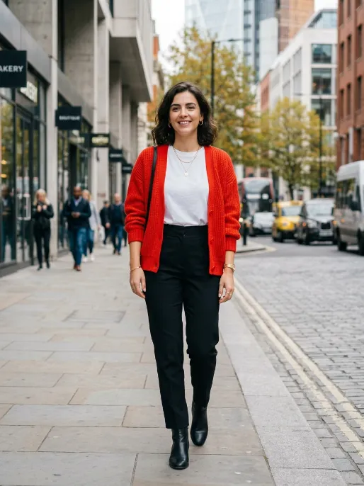 Bold colored cardigan with neutral basics