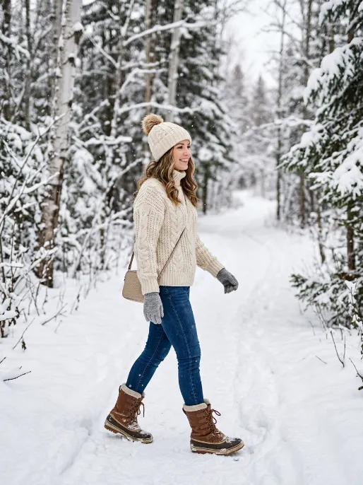 Cable knit sweater with snow boots