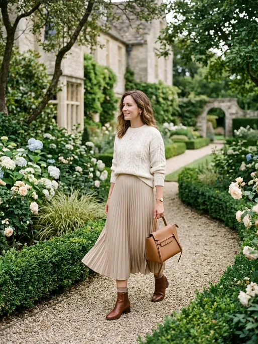 Cable knit sweater with a pleated skirt
