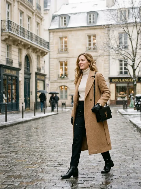 Camel coat with black trousers