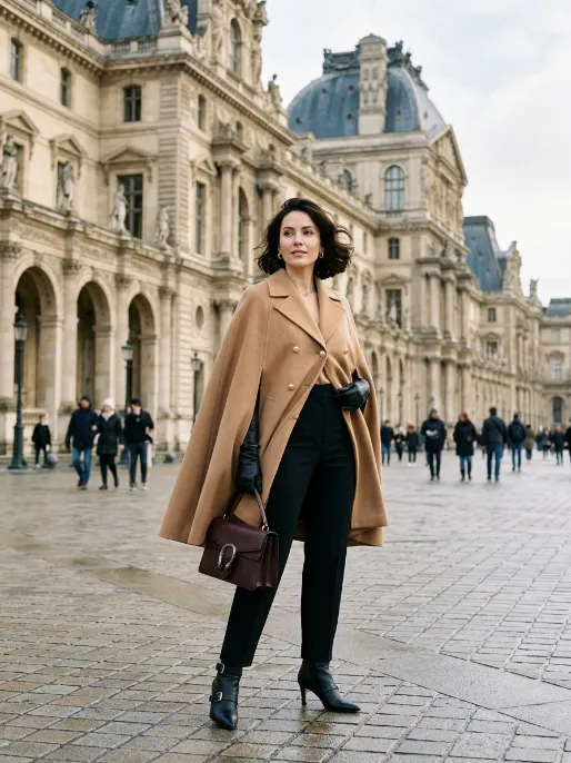 Cape coat with tailored pants