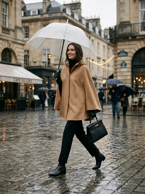 Cape style raincoat with tailored pants