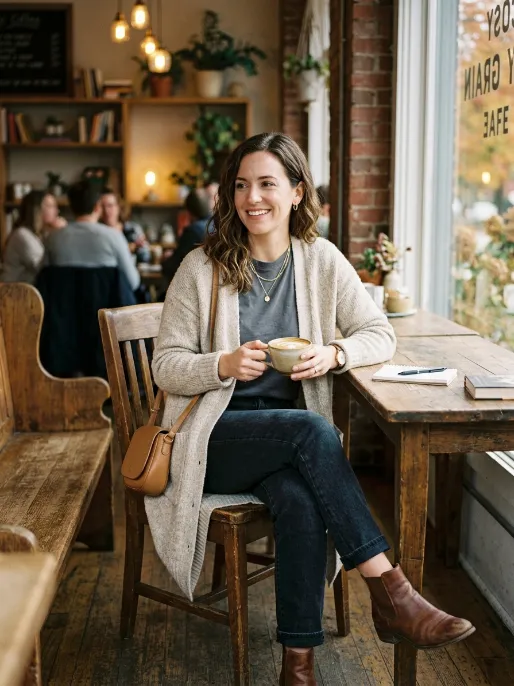 Cardigan jeans and a simple top