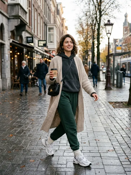 Cardigan layered over a hoodie
