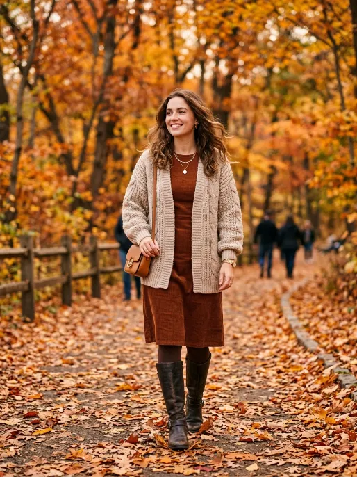 Cardigan over a corduroy dress