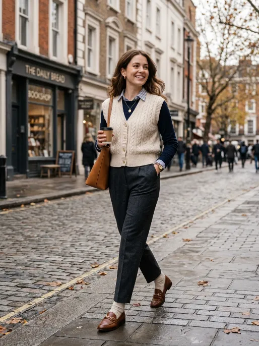 Cardigan vest layered over long sleeve top