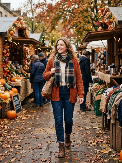 Cardigan and plaid scarf