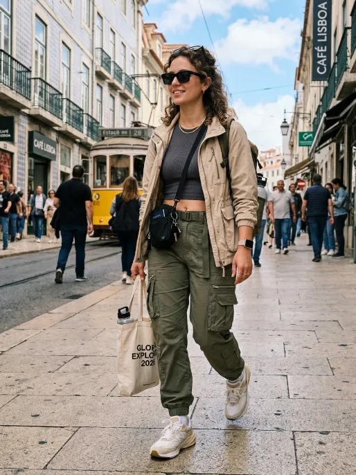 Cargo pants with a simple crop top and jacket