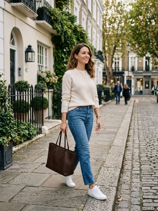 Cashmere sweater with straight leg jeans