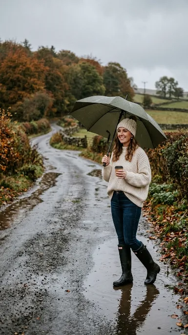 Chunky knit sweater with rain boots