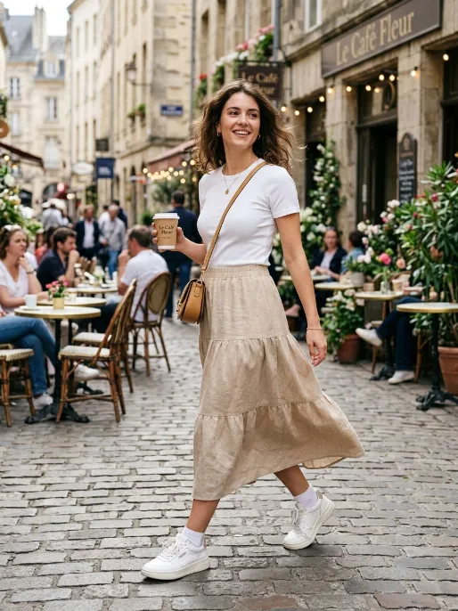 Chunky sneakers with a midi skirt