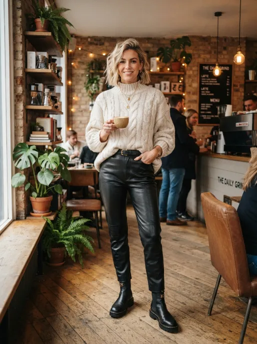 Chunky sweater with leather pants