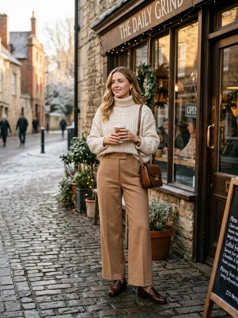 Chunky turtleneck with wide leg pants
