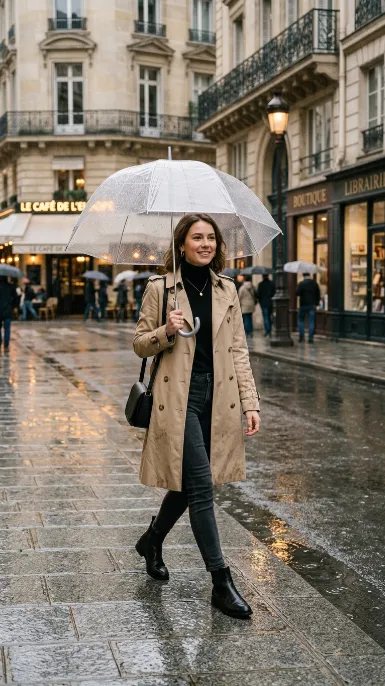 Classic trench coat and skinny jeans