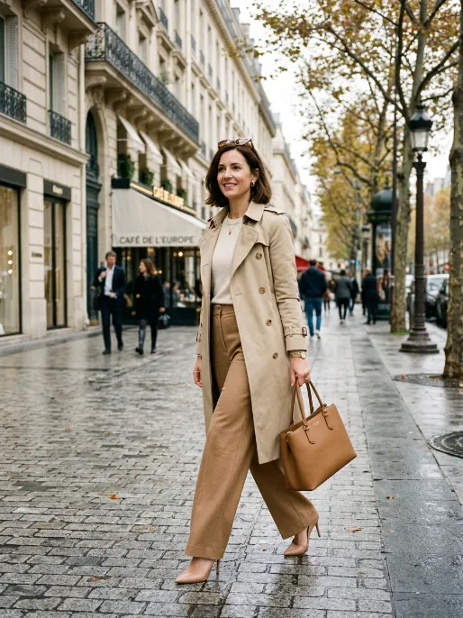 Classic trench with wide leg trousers