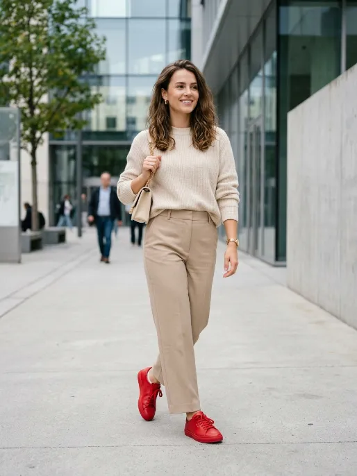 Color pop sneakers with neutral outfits