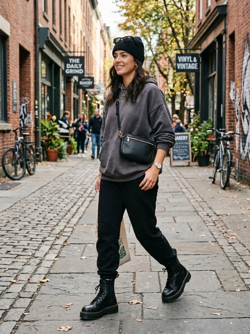 Combat boots with an oversized hoodie
