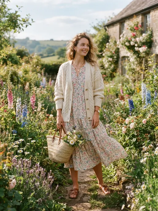 Cottagecore midi dress with cardigan