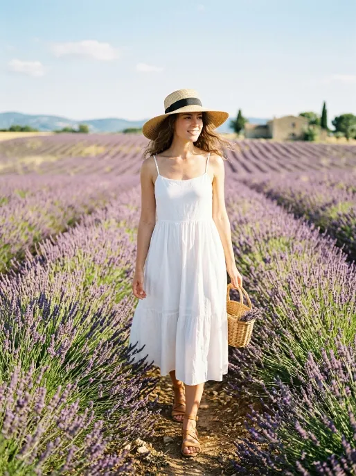 Cotton sundress with a straw hat