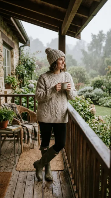 Cozy oversized sweater with rubber boots and a beanie