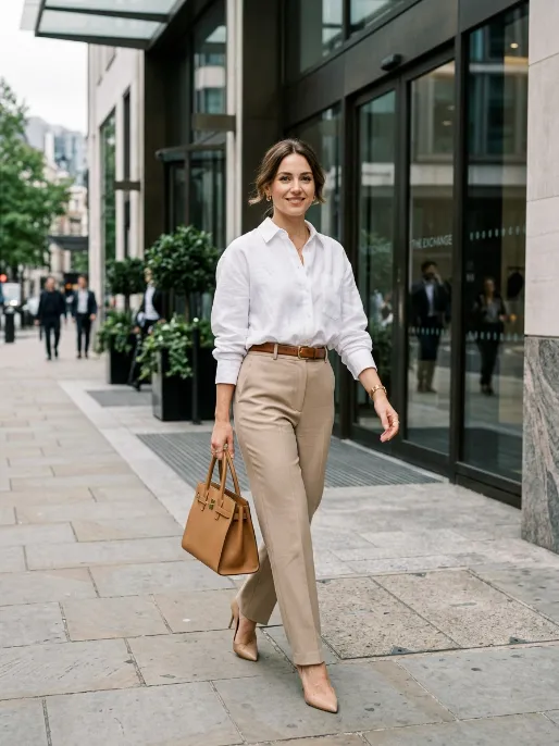 Crisp white shirt with tailored trousers