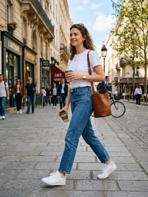 Crisp white tee and straight leg jeans