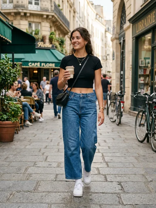 Crop top and wide leg jeans for a balanced look