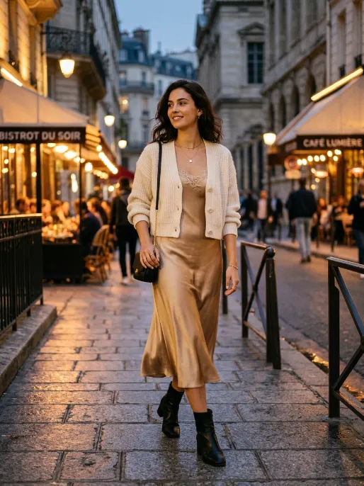 Cropped cardigan over a slip dress