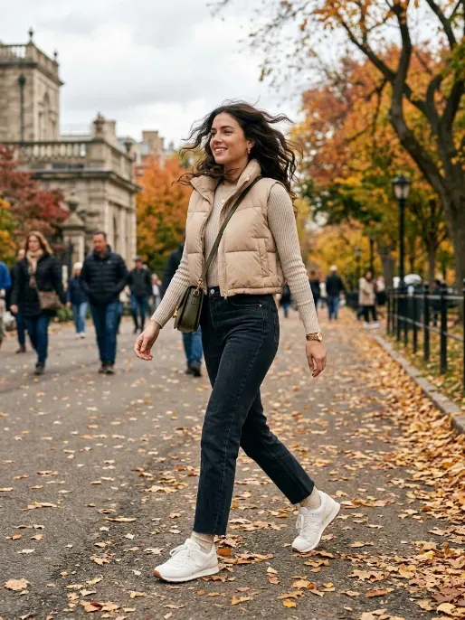 Cropped puffer vest with a long sleeve top