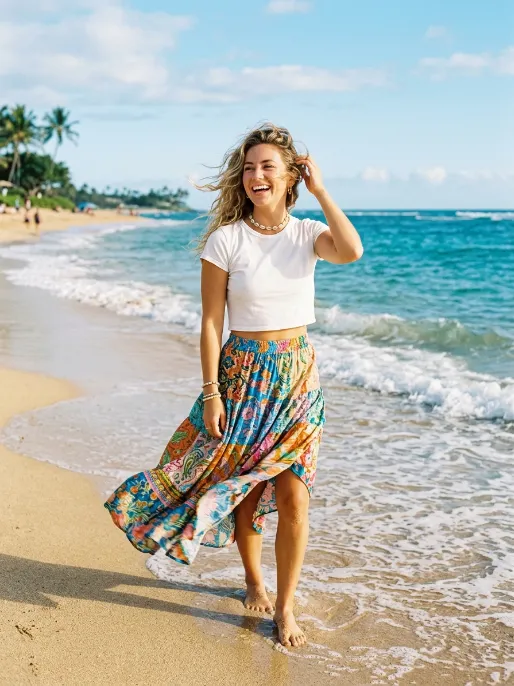 Cropped tee with printed beach skirt