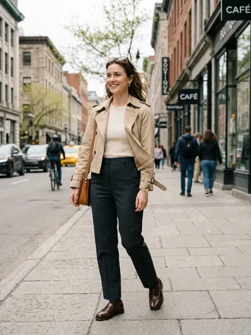 Cropped trench with straight leg trousers