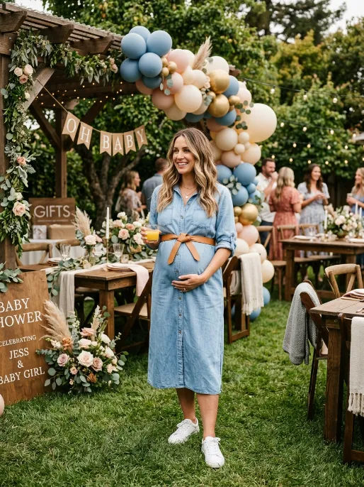 Denim dress with a belt above the bump