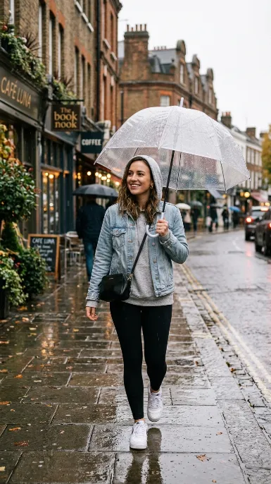 Denim jacket layered over a hoodie