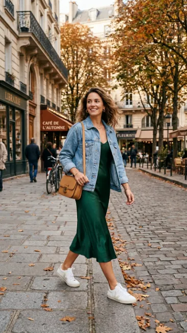 Denim jacket over a slip dress