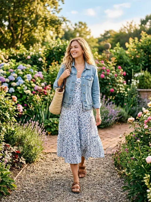Denim jacket over a sundress