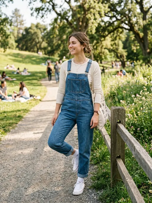 Denim overalls with a long sleeve top