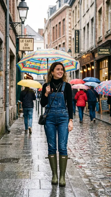 Denim overalls with a turtleneck