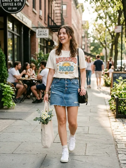 Denim skirt and graphic tee