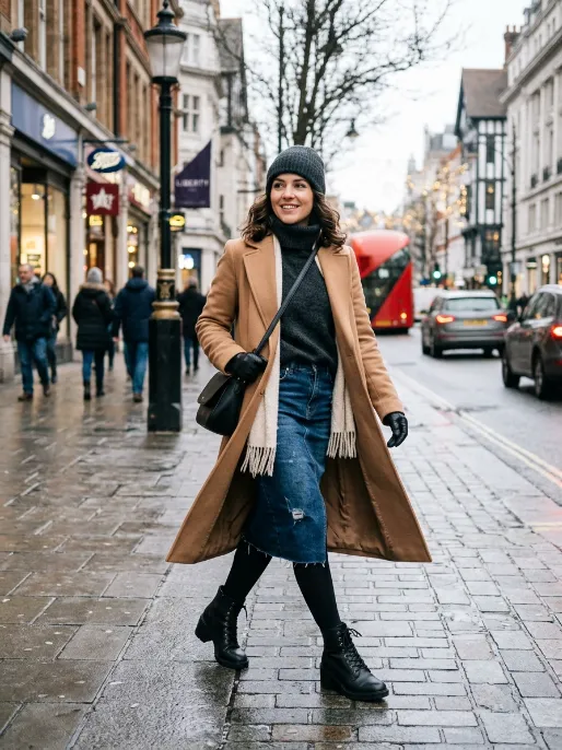 Denim skirt with tights and a long coat