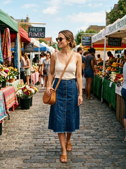 Denim skirt with a basic camisole and slides