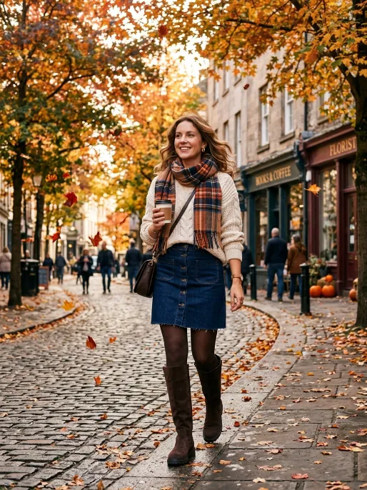 Denim skirt with a chunky knit sweater
